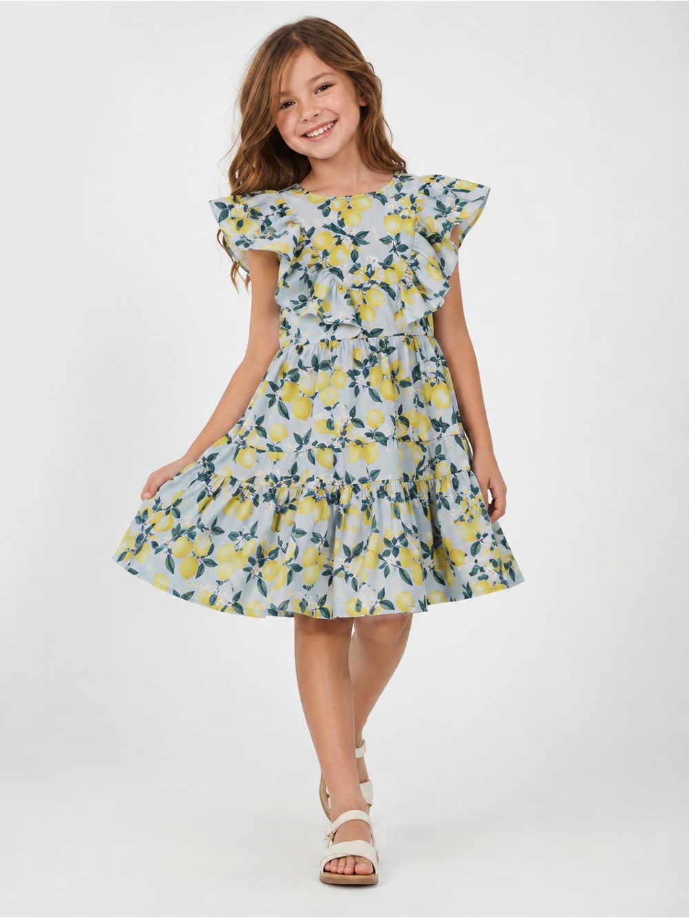 French Connection Girls 10/12 Lemon Print Cotton Ruffle Tiered Dress